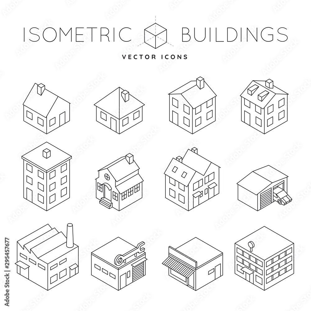 Collection of isometric outline icons of a variety of private and commercial buildings like detached house, office buiding, factory, tenement. Architecture and real estate concept vector illustration - obrazy, fototapety, plakaty 