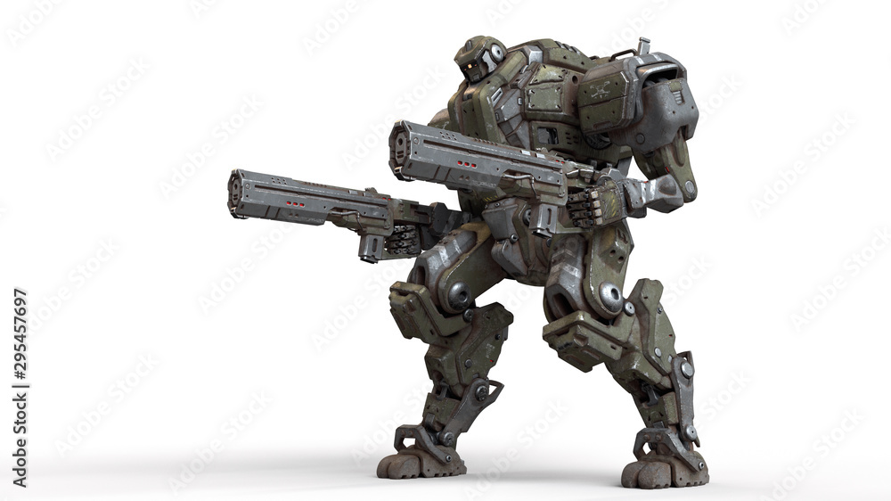 3d illustration of sci-fi mech soldier standing with two assault guns  isolated on white background. Concept art of military storm trooper robot  with green gray color scratched metal armor. Mech Battle Illustration