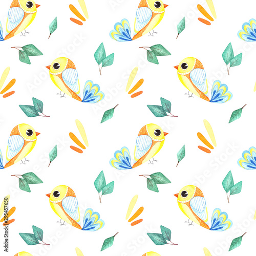 Seamless pattern with watercolor yellow birds  colorful autumn design. Watercolor illustration in Scandinavian style for t-shirts  fabrics  stickers  packaging paper