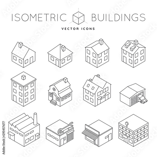 Collection of isometric outline icons of a variety of private and commercial buildings like detached house, office buiding, factory, tenement. Architecture and real estate concept vector illustration