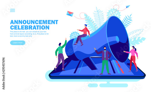 announcement with loudspeaker and happy team on smartphone