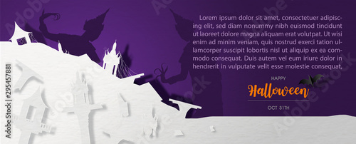 Heap of Thai spirit house broken in paper cut and example texts on silhouette Thai dancing ghosts and violet background. Thai spirit house and Thai dancing ghost is a terrifying ghost in Thailand.