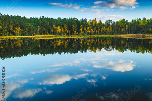 Latvian nature. Kangari lake in forest. Reflection in water.