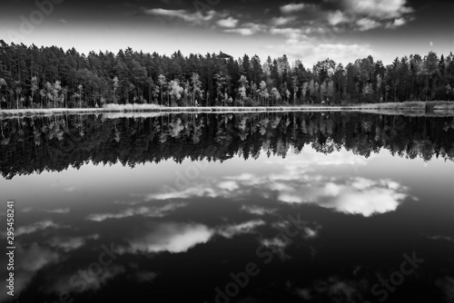 Latvian  nature. Kangari lake in forest. Black and white. Reflection in water. © Aleks Kend