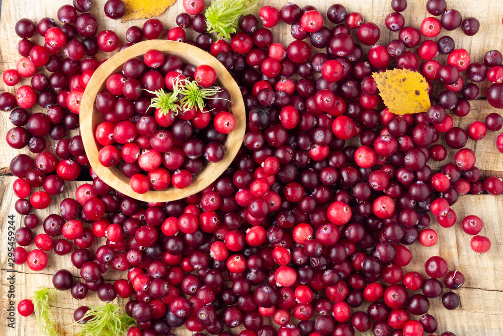 Fresh red cranberry in wooden bowl. Autumn harvest of wild berries. Above view. Fresh red cranberry in wooden bowl. Autumn harvest of wild berries. Above view.