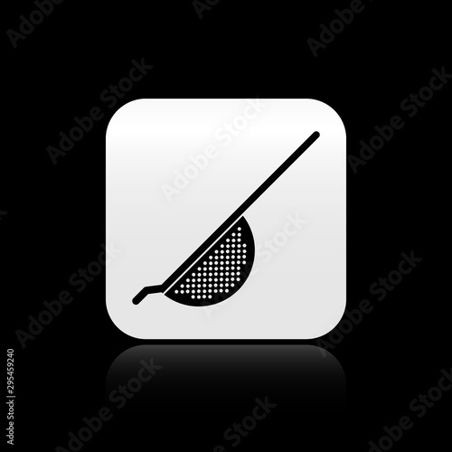 Black Kitchen colander icon isolated on black background. Cooking utensil. Cutlery sign. Silver square button. Vector Illustration