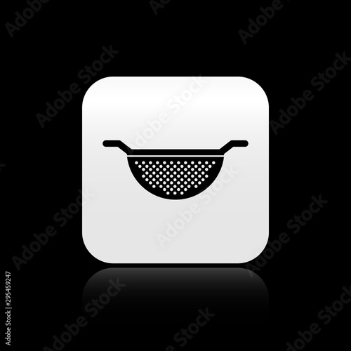 Black Kitchen colander icon isolated on black background. Cooking utensil. Cutlery sign. Silver square button. Vector Illustration