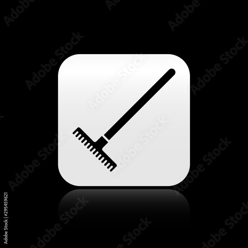 Black Garden rake icon isolated on black background. Tool for horticulture, agriculture, farming. Ground cultivator. Housekeeping equipment. Silver square button. Vector Illustration
