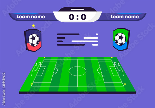 Vector illustration of football scoreboard team A vs team B with club logos, score on the scoreboard, strategy on the football field, match statistics