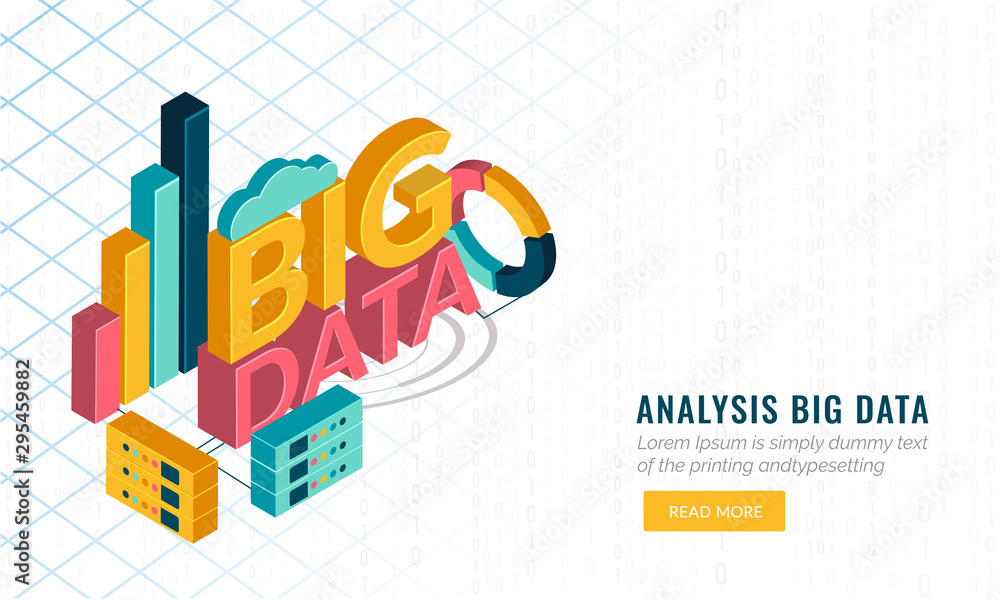 3D text Big Data with infographic elements and web server on grid background for Analysis Big Data hero banner design.