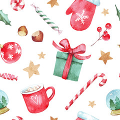 Wandcirkels Aquarel prints patronen Watercolor hand drawn Christmas seamless pattern with Christmas stockings, candy canes, Christmas decorations, stars and toys on white background. Perfect for wrapping paper, textile design, print.  © BloomPix