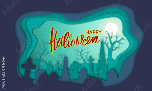 Happy Halloween. Green and purple banner with silhouette old cemetery, trees and moon. Happy halloween handwritten calligraphic card. Paper art style vector illustration and brush lettering