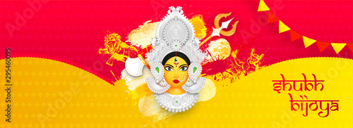 Creative header or banner design with illustration of Hindu Mythological Goddess Durga for Subho Bijoya celebration concept.