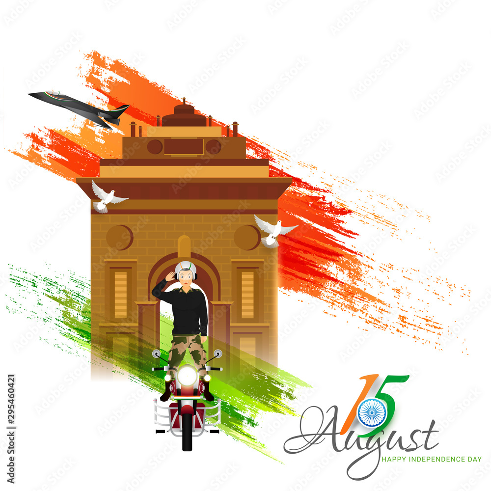 Beautiful Poster Or Wallpaper Design With Character Of Soldier Riding Bike In Front Of India Gate On 15th August Happy Independence Day Occasion Stock Vector Adobe Stock Beautiful Poster Or Wallpaper Design With Character Of Soldier Riding Bike In Front Of India Gate On 15th August Happy Independence Day Occasion Stock Vector Adobe Stock