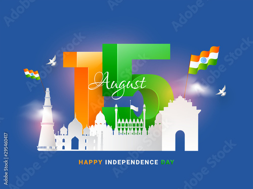 Creative poster or wallpaper design. White paper cutout style famous Indian monuments with realistic "15 August" on blue color background. National Event celebration concept.