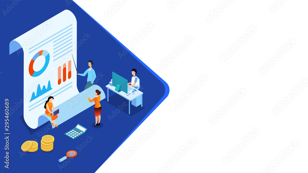 3D illustration of miniature business people maintain the data, report and coins for Data Analysis concept based isometric design.