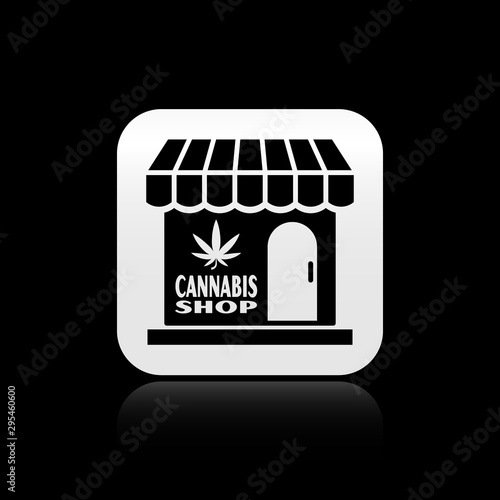 Black Marijuana and cannabis store icon isolated on black background. Equipment and accessories for smoking, storing medical cannabis. Silver square button. Vector Illustration