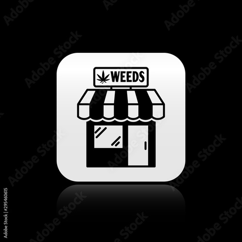 Black Marijuana and cannabis store icon isolated on black background. Equipment and accessories for smoking, storing medical cannabis. Silver square button. Vector Illustration