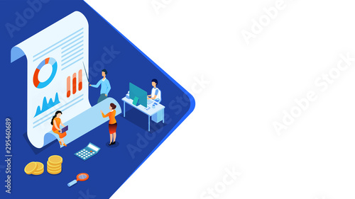 3D illustration of miniature business people maintain the data, report and coins for Data Analysis concept based isometric design.