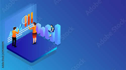 Illustration of miniature business people maintain or analyses the data, bar graph for Data Analysis concept based isometric design.