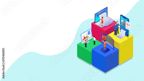 3D illustration of miniature business people analysis the data with digital devices on different platform for Company growth or success. Can be used as web banner design.