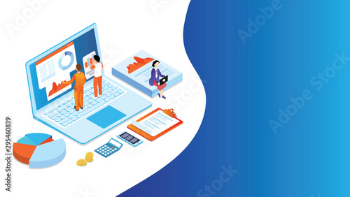 3D illustration of business analysts analysis the data on laptop and business elements for Data Analysis or Management concept based design.