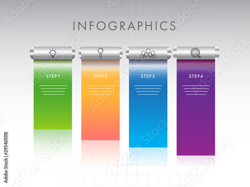 Banner style infographic layout with four different steps on glossy background.