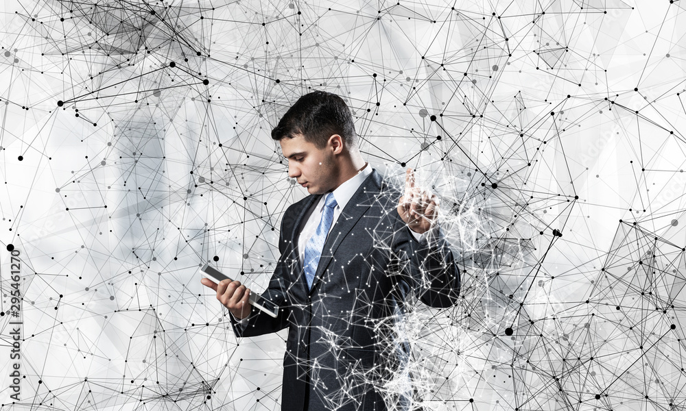 Business person pointing on abstract network Business person pointing on abstract network