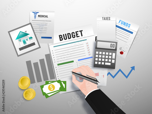 Isometric based design with illustration of businessman budget report check his money counting, such like as medical, tax, funds investment, financial growth or success.