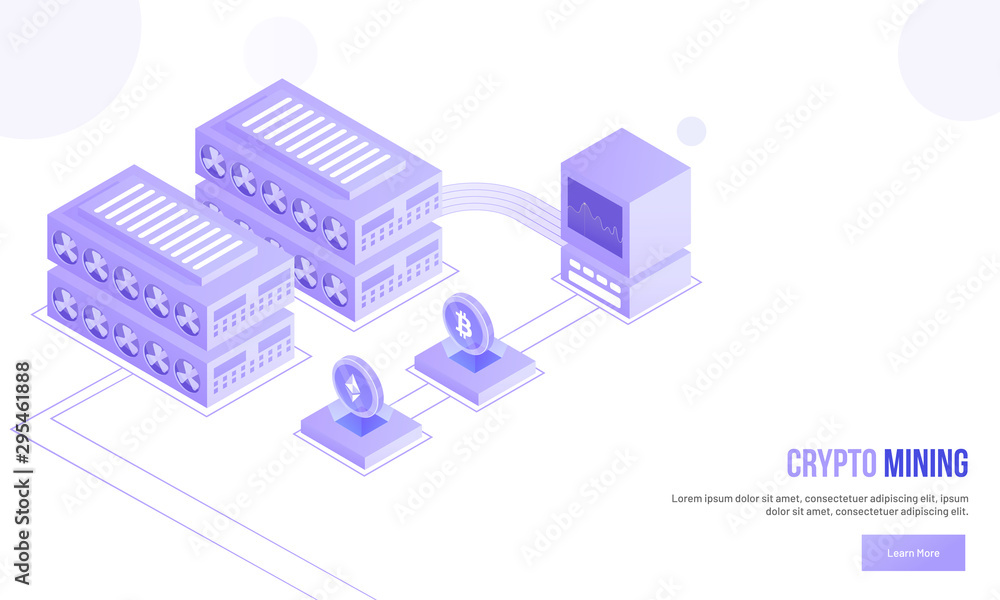 Isometric illustration of computer connected with crypto servers for Crypto Mining concept.