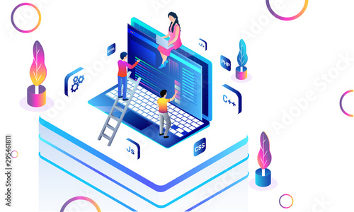 Miniature people working on laptop with different programming language signs on abstract white background for Web Development concept.