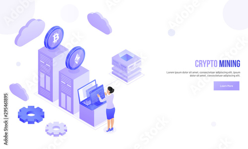 Lady programmer or user working on laptop, big crypto servers connected with crypto mining servers on abstract background.