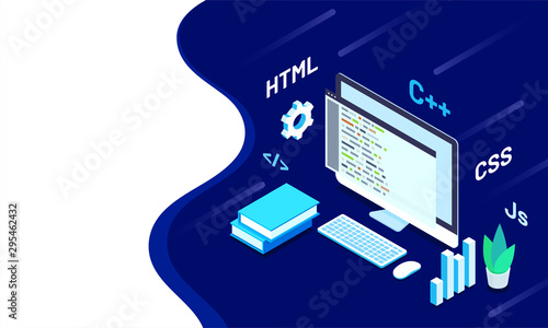 Isometric illustration of desktop with different programing languages signs and multiple business elements on blue background for software development programming concept.