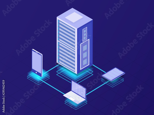 Isometric illustration of local server connected to laptop and smartphone on shiny blue background for data management concept.