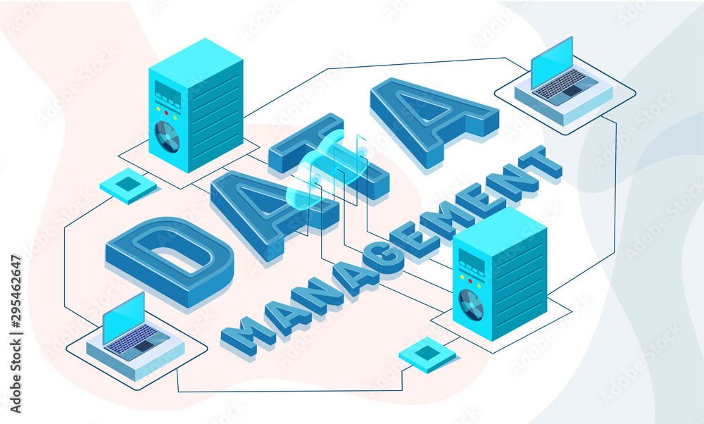 Data Management concept based isometric design, illustration of web servers connected to laptop on abstract background. Data Management concept based isometric design, illustration of web servers connected to laptop on abstract background.