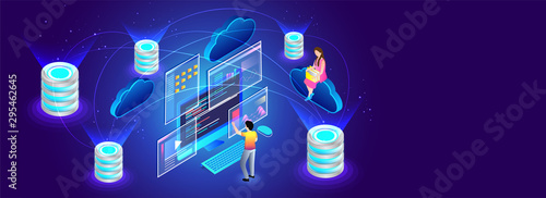 Multiple data and cloud servers connected to each other, miniature people manage or store the data. Isometric design for Data Center concept.
