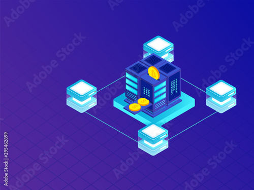 Crypto Mining or virtual to real money exchange concept, isometric crypto servers connected with money exchange machine on blue background.