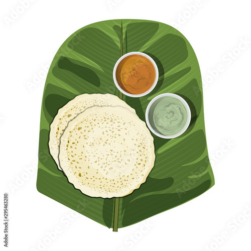 Karnataka dish Neer Dosa with Chutney and Sambar on banana leaf. photo