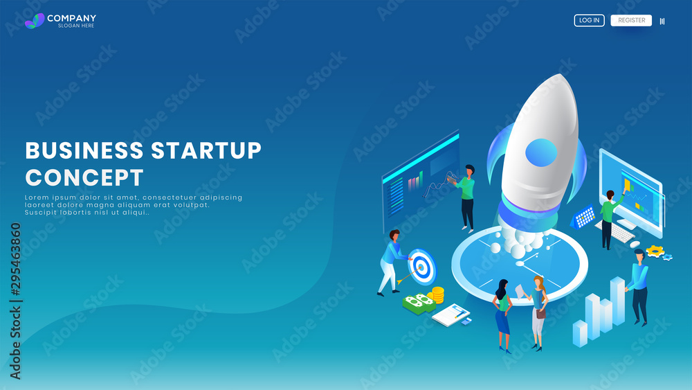 Creative Business Startup banner or landing page design with illustration of Business people working on a project on blue background. Creative Business Startup banner or landing page design with illustration of Business people working on a project on blue background.