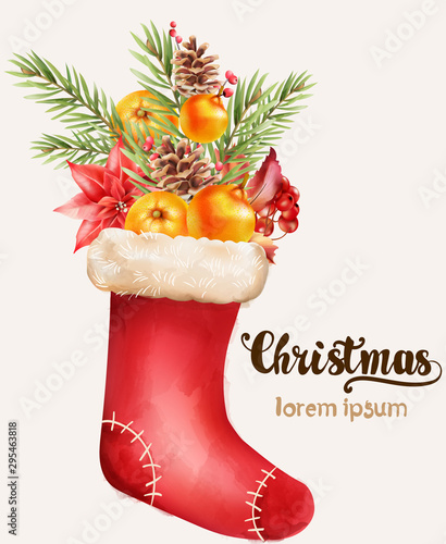 Christmas stocking full of holiday ornaments. Fir leaves, orange, red flowers and berries. Vector