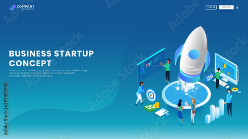 Creative Business Startup banner or landing page design with illustration of Business people working on a project on blue background.