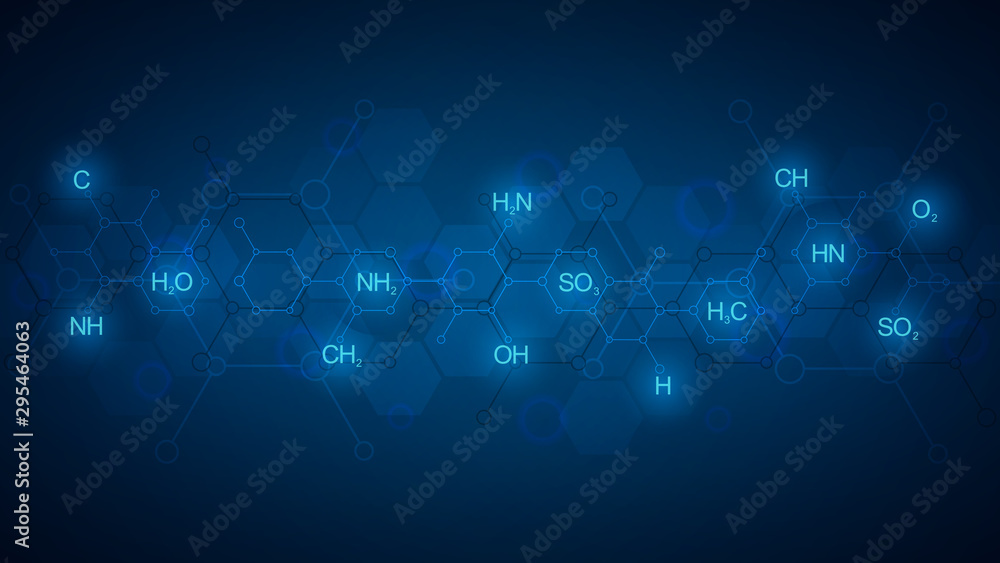 Abstract chemistry pattern on dark blue background with chemical formulas and molecular structures. Template design with concept and idea for science and innovation technology. Abstract chemistry pattern on dark blue background with chemical formulas and molecular structures. Template design with concept and idea for science and innovation technology.