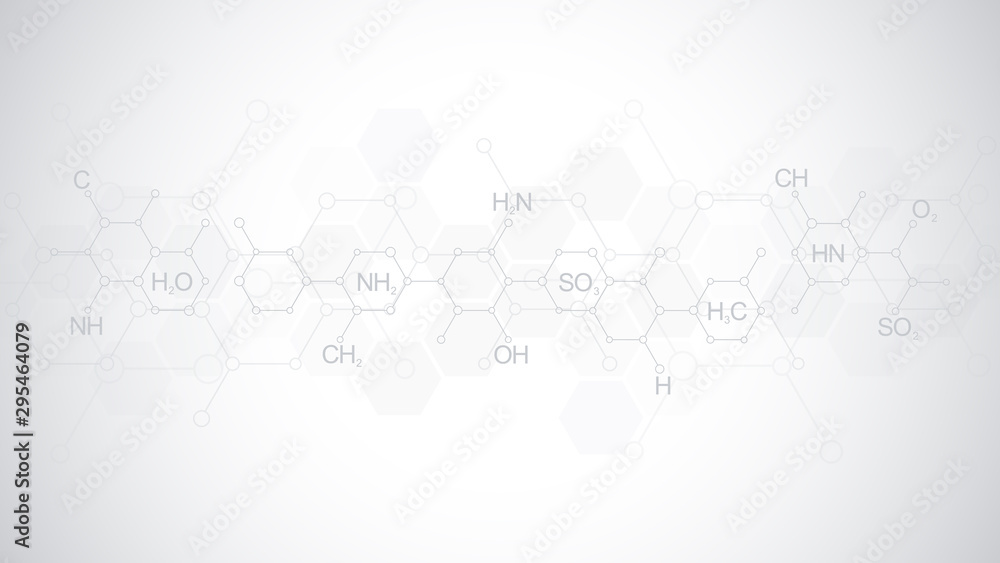Abstract chemistry pattern on soft gray background with chemical formulas and molecular structures. Template design with concept and idea for science and innovation technology.