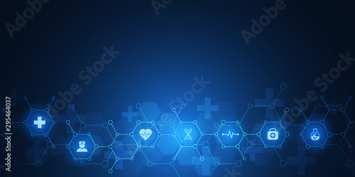 Fototapeta Naklejka Na Ścianę i Meble -  Healthcare and technology concept with flat icons and symbols. Template design for health care business, innovation medicine, science background, medical research.