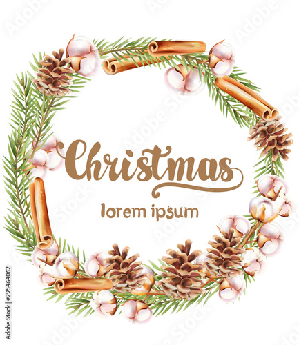 Christmas wreath with cinnamon sticks, cotton flowers and pine cone