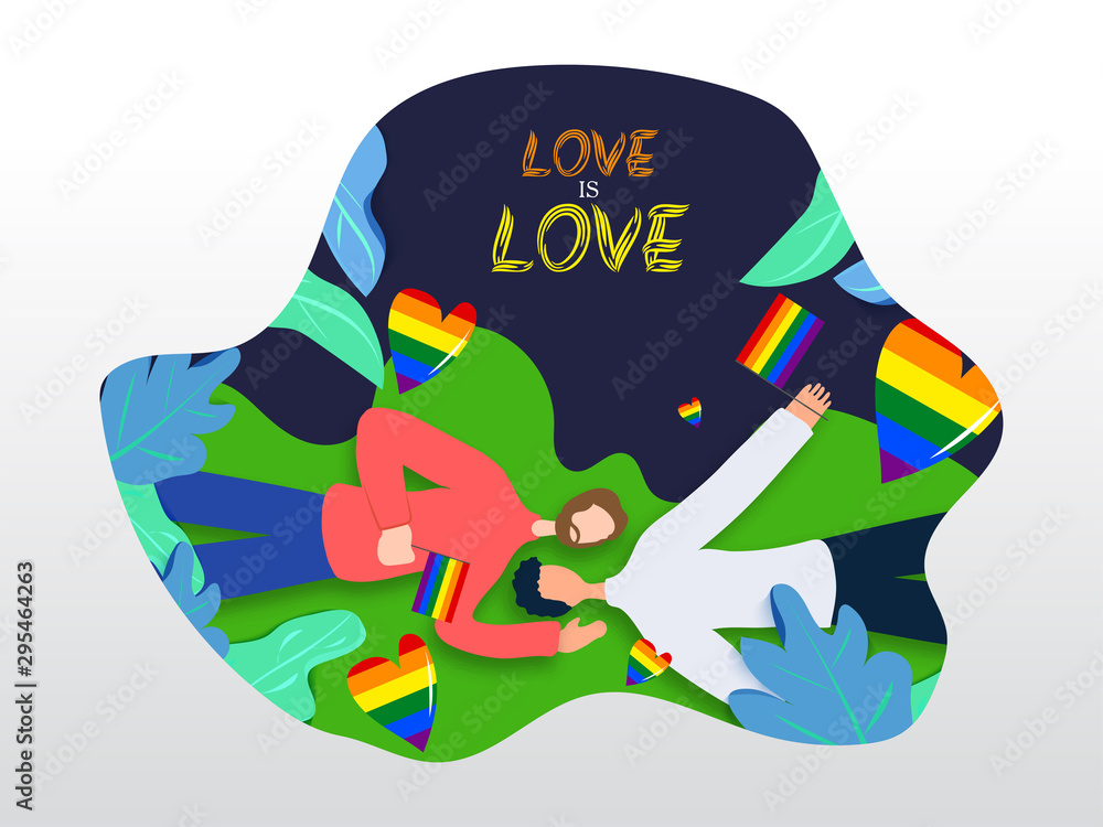 Love is Love concept for LGBTQ community with gay couple laying down and holding rainbow color freedom flag. Nature Background.