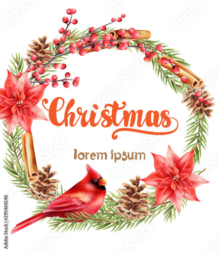 Christmas fir leaves wreath with red bird, berries, cinnamon sticks, flowers ...