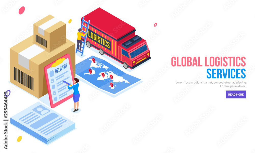 Fototapeta premium Isometric illustration of lady checking all delivery packages, map with mappin icon, loaded cargo truck on white background. Global Logistics Services web template design.