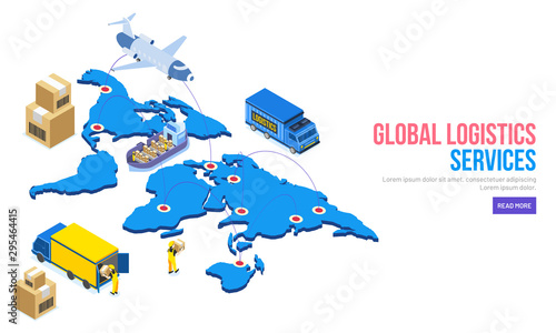 3D illustration of world map with mappin, airplane, ship and cargo truck freights on white background for Global Logistics Services concept based web template.