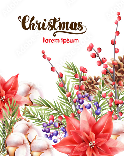 Christmas greeting card background with red flowers, berries, cinnamon, fir l...
